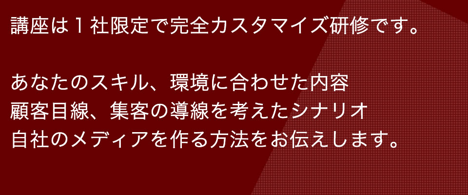 講座は１社限定で行ないます。あなたのスキル、環境に合わせた完全カスタマイズ研修になります。